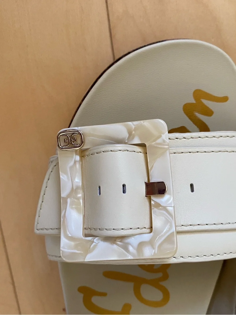 Sam Edelman Leather Adrianna Two Strap Ivory Buckle Slide Sandals
